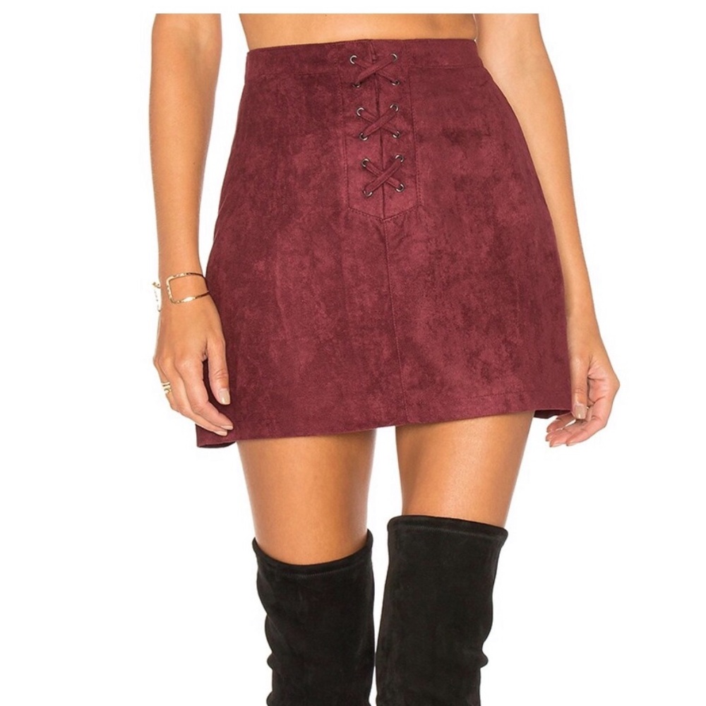 BCBG Maroon red suede lace up mini skirt